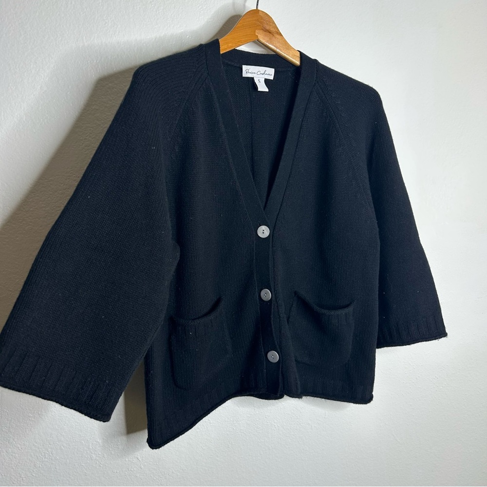 Revive Cashmere Merino Wool Cashmere Black Boxy Cropped Knit Button Cardigan - Picture 4 of 15